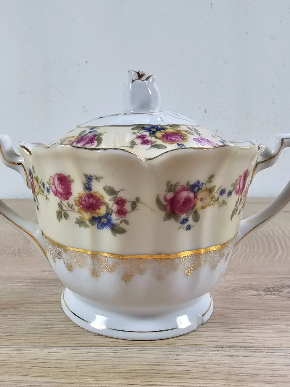 Gold Castle Hostess Sugar Bowl with Lid and Saucer Plate Floral Vintage Japan